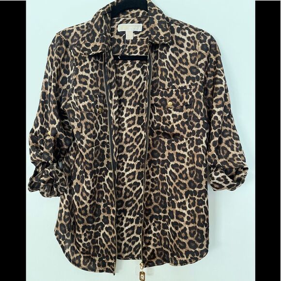 Michael Kors leopard print full zipper blouse/cardigan, excellent condition, S - Picture 6 of 11